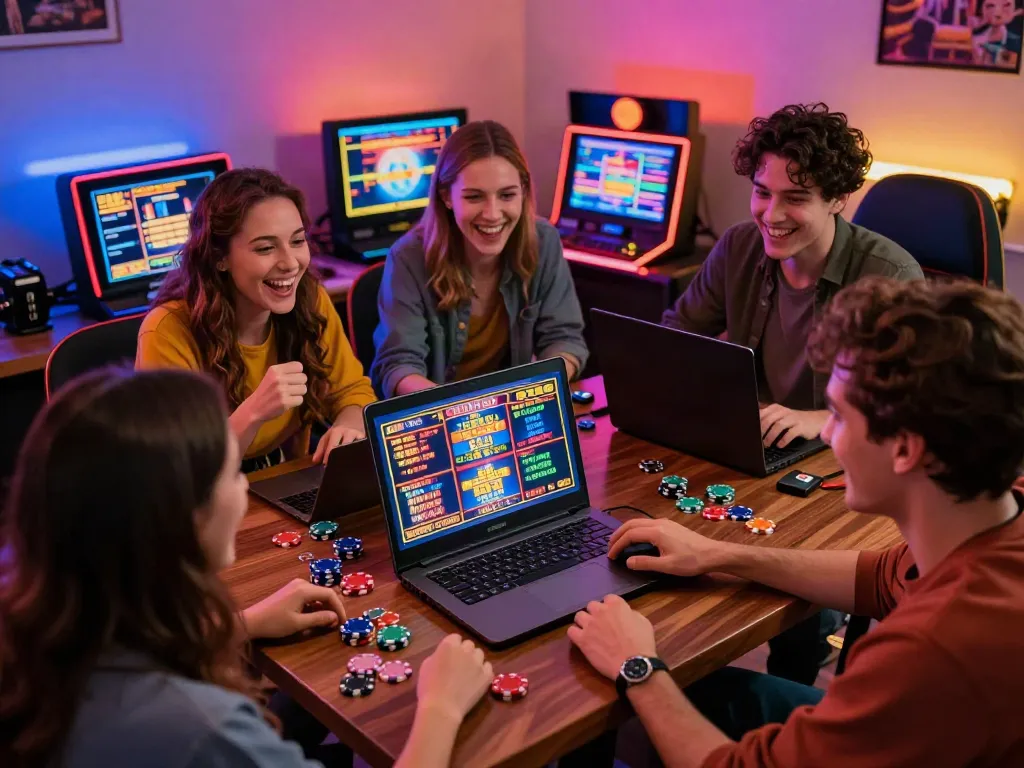 Group of friends joyfully playing online slot games, creating an engaging atmosphere of fun and excitement.