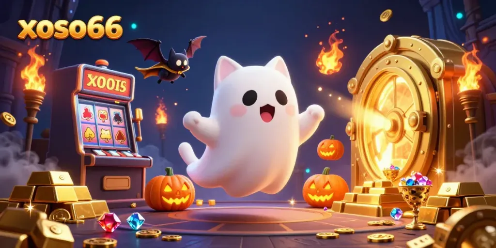 Play exciting games on xoso66 while a ghost cat and bat explore a haunted casino.