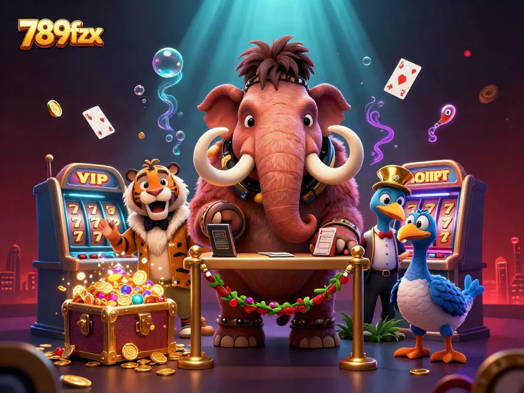 Experience the lively atmosphere at 789fzx with a woolly mammoth bouncer checking IDs, showcasing exciting casino elements.