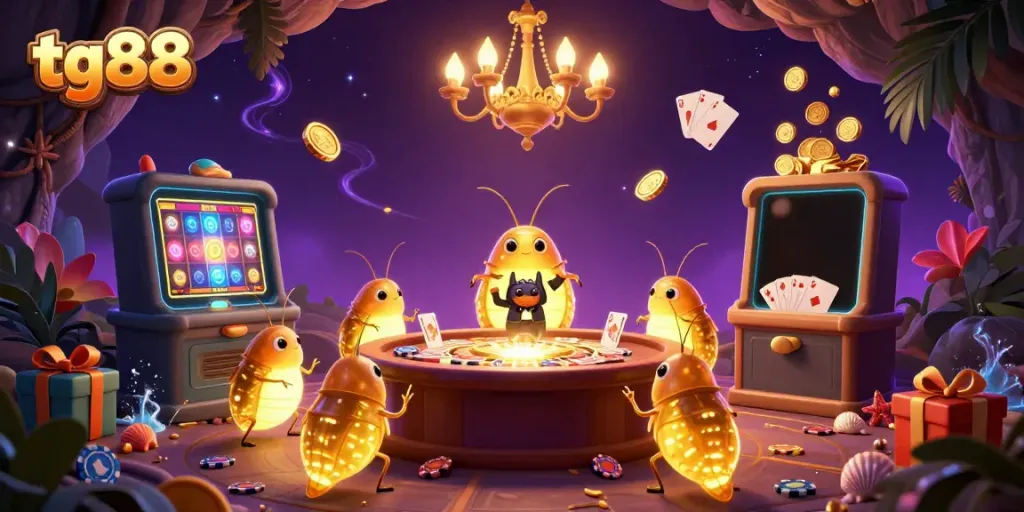 Experience thrilling casino action at tg88 with a glowing glowworm team lighting up a vibrant cave casino.