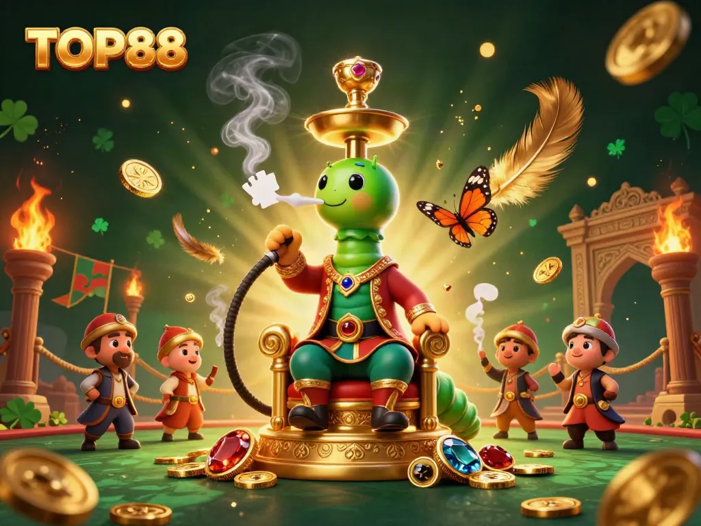 Experience TOP88's vibrant universe with an enchanting caterpillar master at a golden gaming throne.