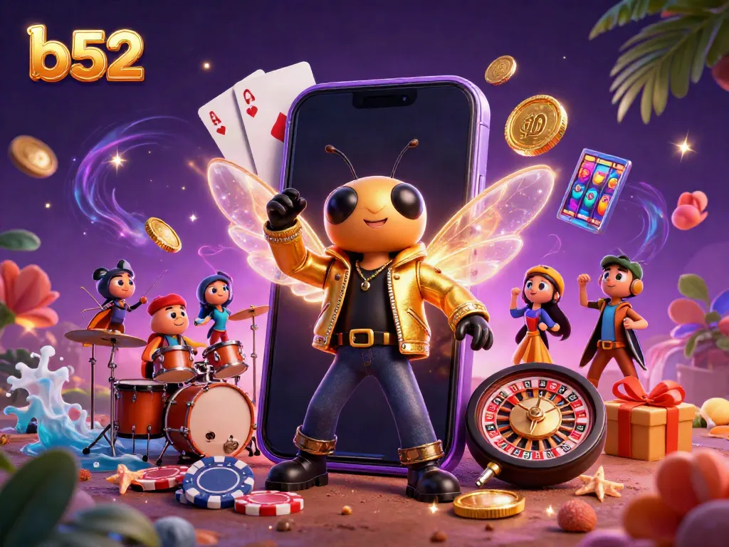 Experience the excitement of b52 casino with a dynamic 3D scene featuring a rock star, drummer, and crickets.