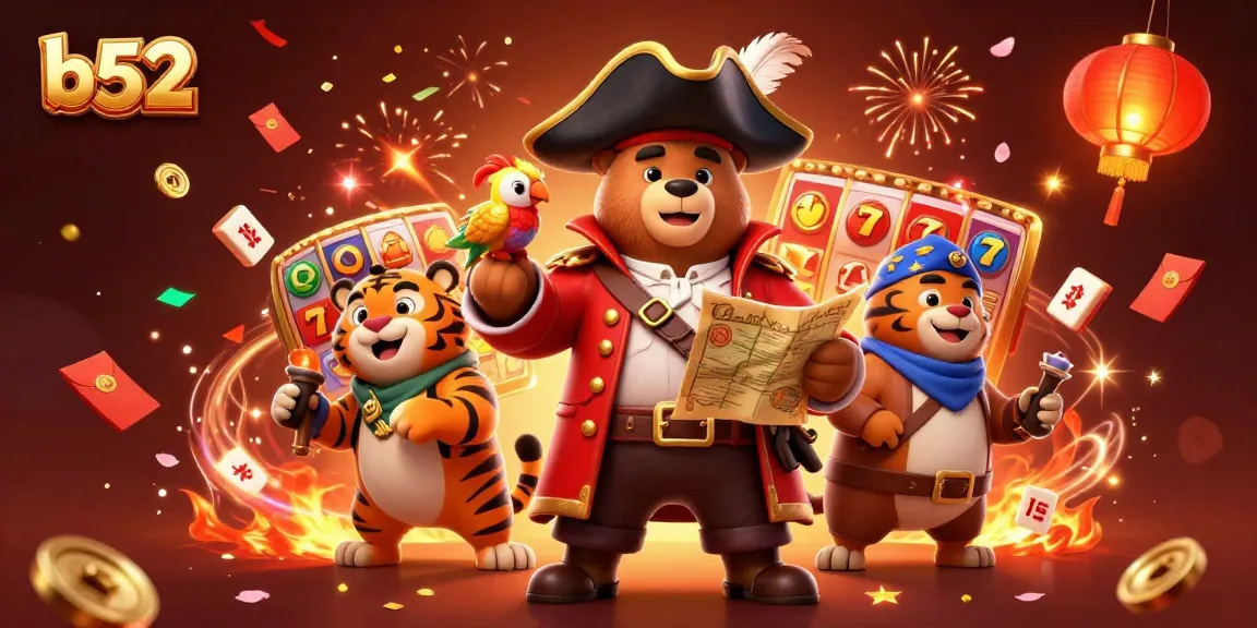 Engage in thrilling gameplay at b52 with the vibrant pirate captain bear and tiger amidst slot reels and festivities.