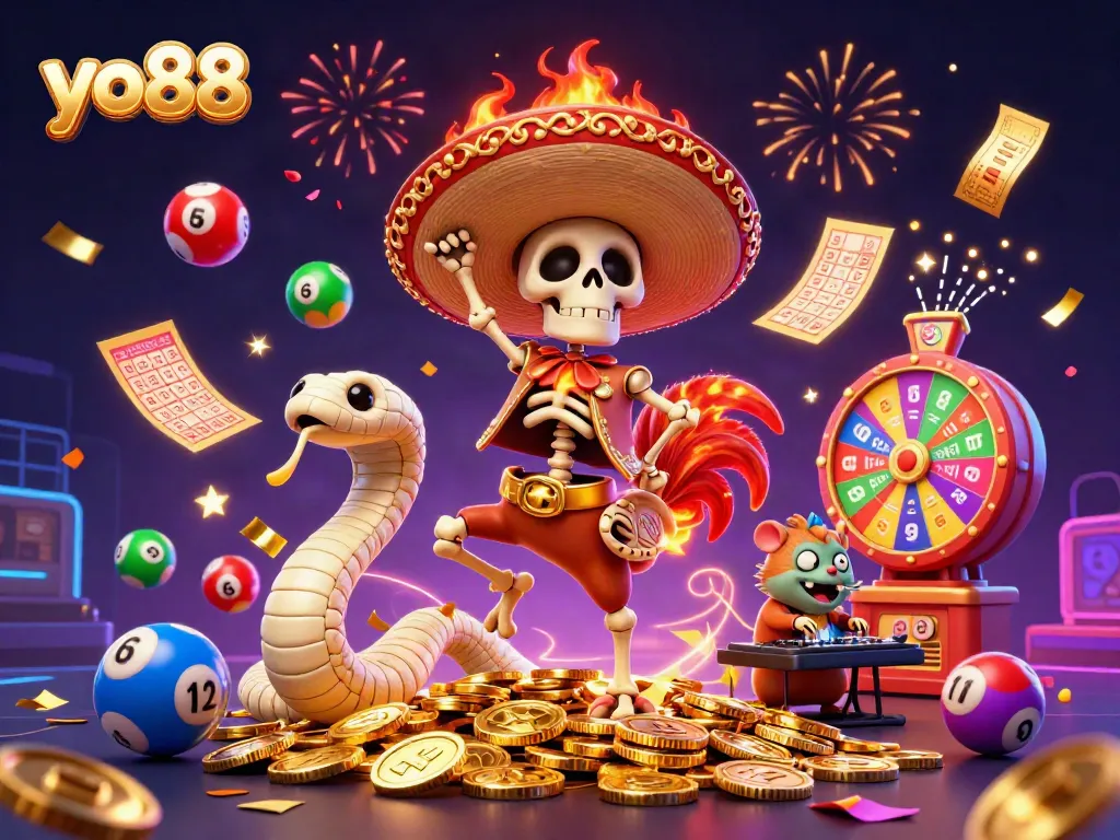 Experience excitement at yo88 with a colorful casino-themed celebration scene featuring dynamic elements.