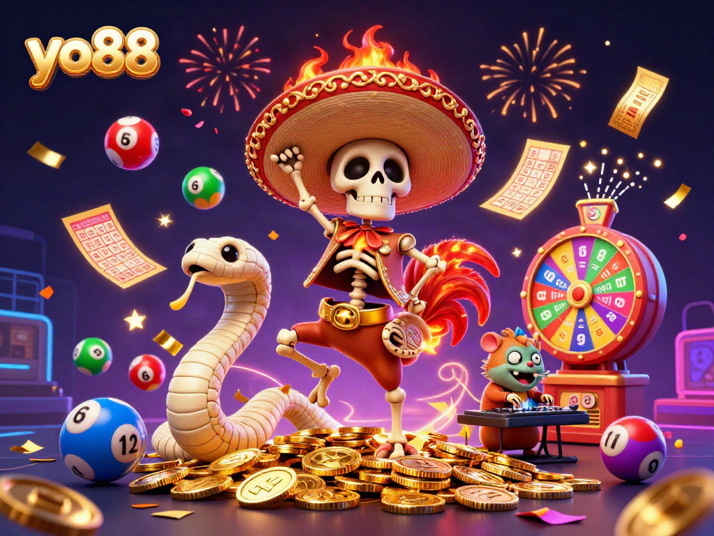 Experience excitement at yo88 with a colorful casino-themed celebration scene featuring dynamic elements.