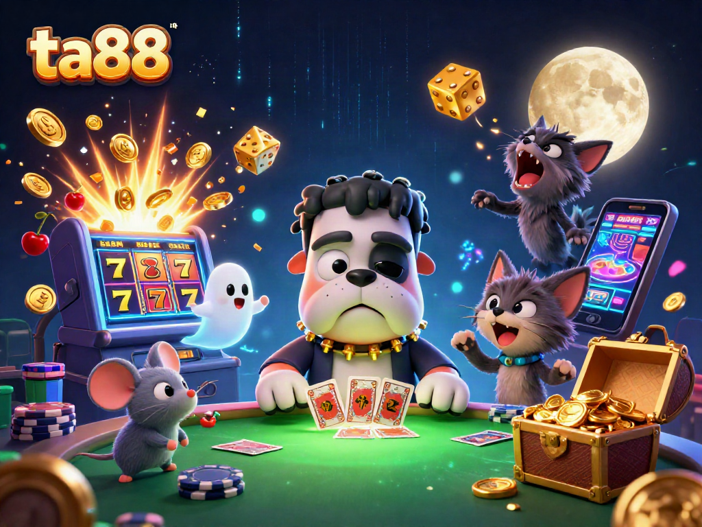 Experience thrilling victories at ta88 with an exciting card game scene featuring a whimsical bulldog and ghostly mouse.