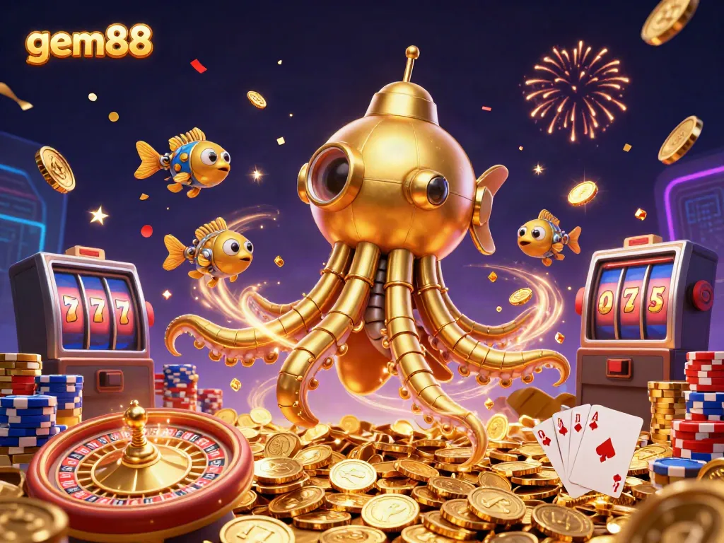 Experience the thrill of gaming with gem88's dynamic 3D casino scene showcasing vibrant elements of luck and treasure.