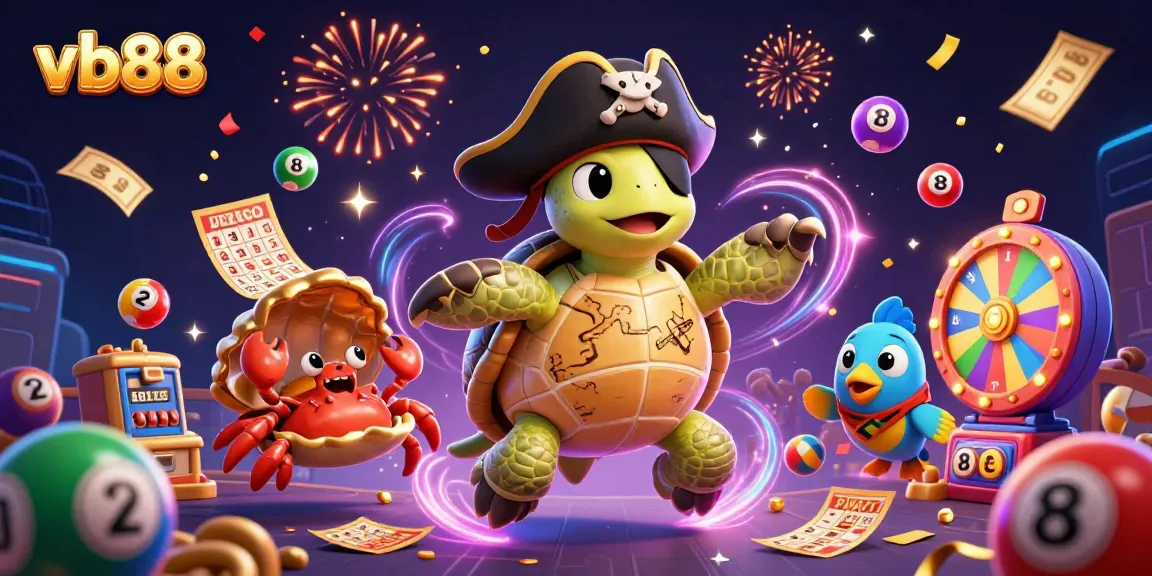 Experience exciting wins with vb88 in this vibrant, action-packed casino illustration featuring playful characters and games.