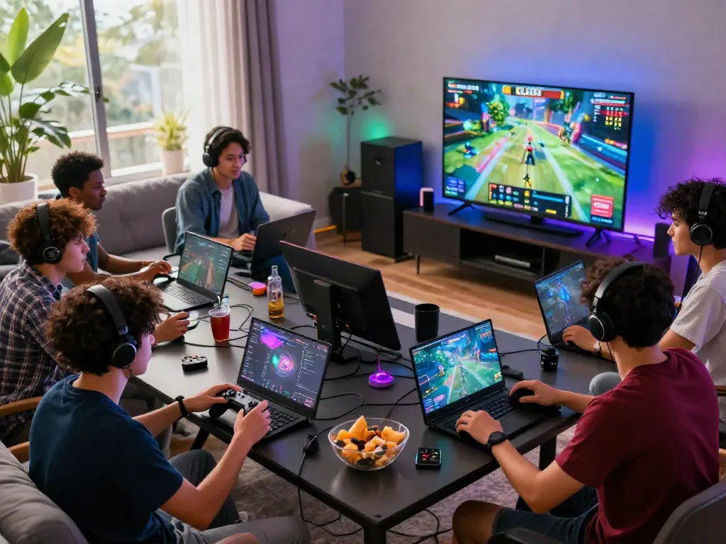 Kilat 404 gaming scene with friends enjoying a lively gathering