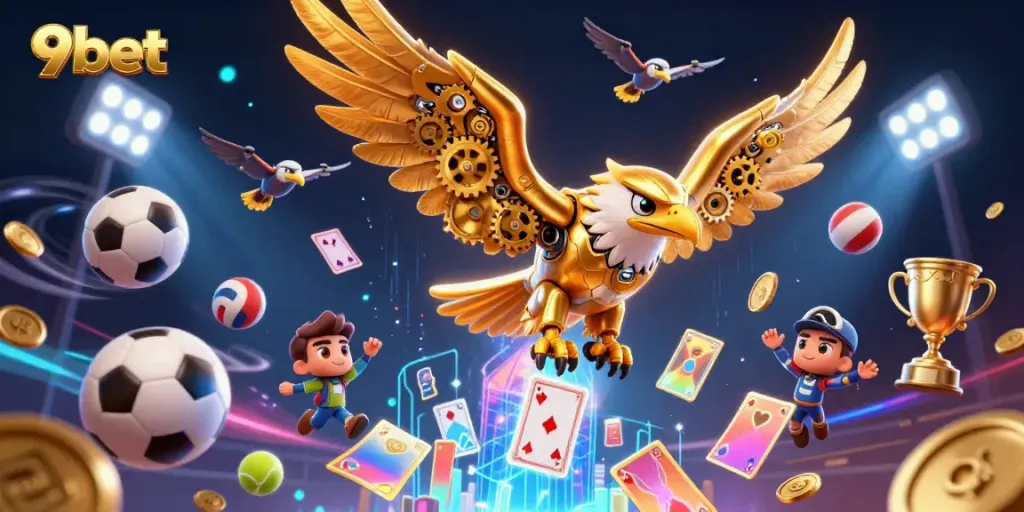Dive into the excitement of 9bet with a cybernetic eagle and dynamic sports betting elements.