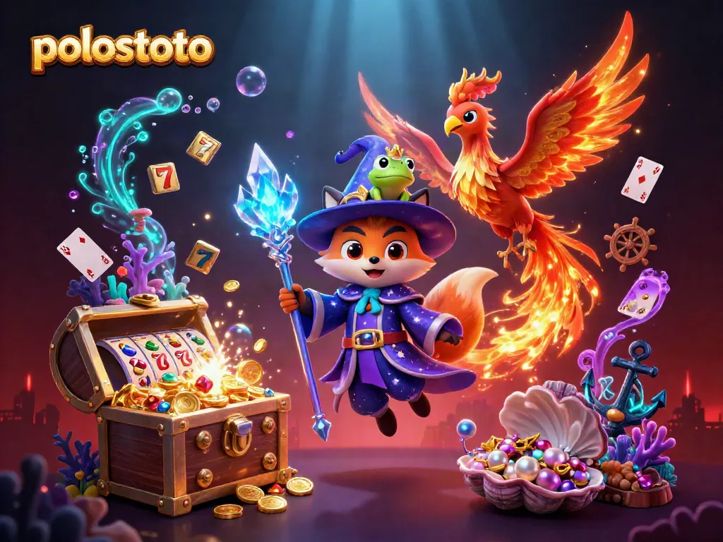 Win big at polostoto with our vibrant casino-themed illustration featuring magical characters and treasures.
