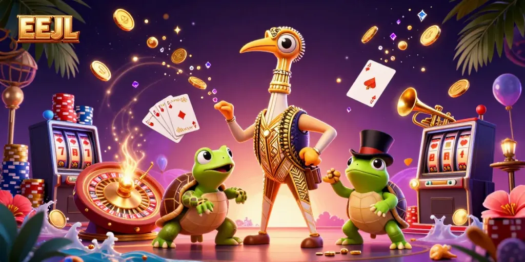 Cascade of golden coins and sparkling gems around EEJL's lively cartoon casino scene featuring a crane, turtle, and frog.
