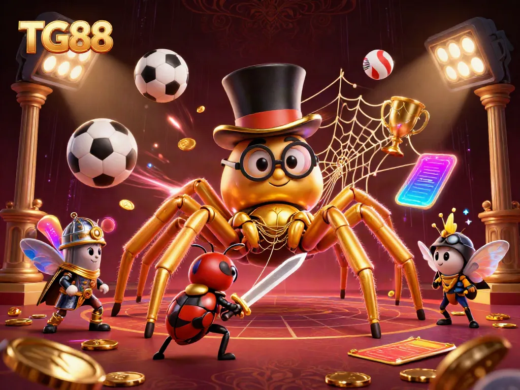 Engage with TG88's vibrant online casino atmosphere featuring a golden tarantula, beetle knight, and animated sports elements.