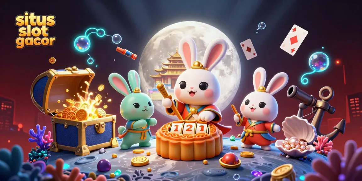 Engage with situs slot gacor while enjoying a lively illustration of a moon rabbit and jade rabbit amidst a casino-themed scene.