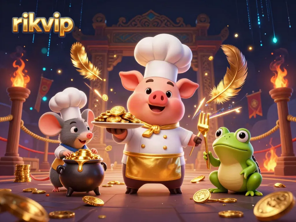 Engage with the exhilarating atmosphere of rikvip, featuring a chef pig serving gold coins in a vibrant online casino scene.