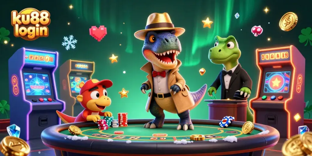 Engage with ku88 login gameplay featuring a velociraptor at the blackjack table amidst a vibrant casino atmosphere.