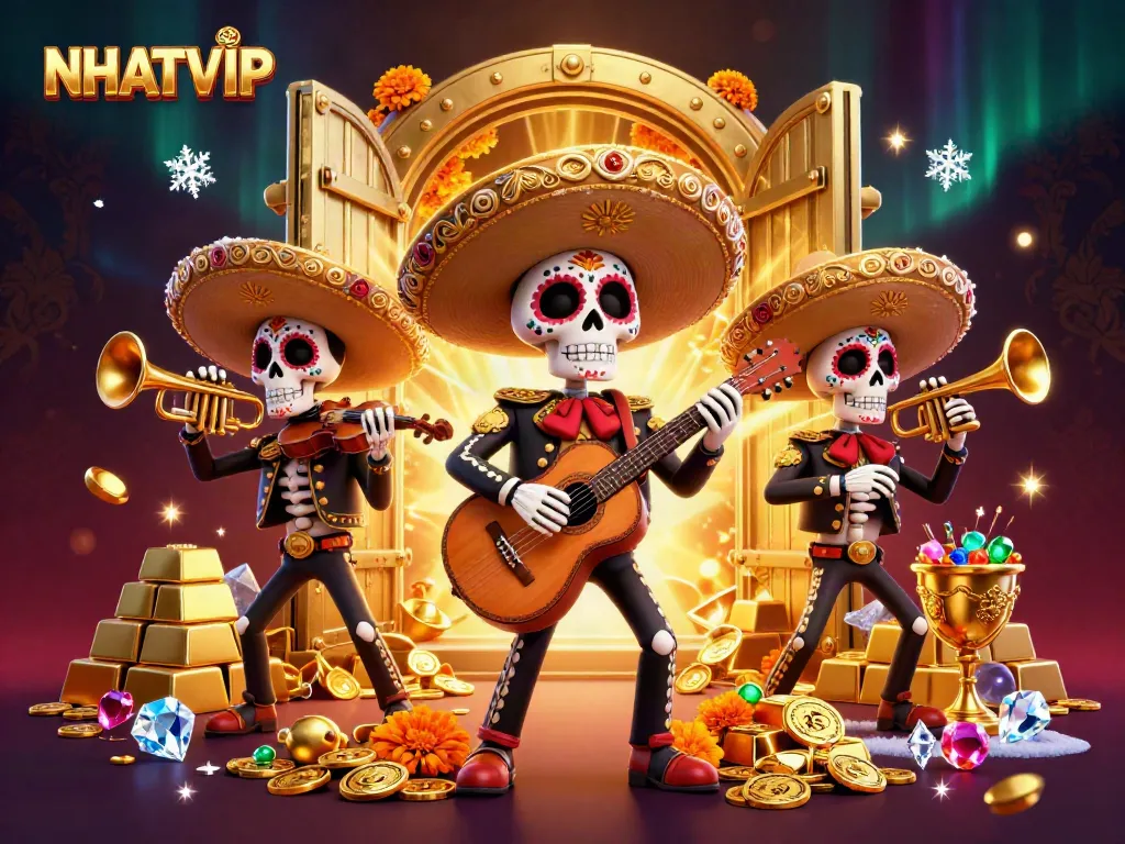 Experience NHATVIP's vibrant casino atmosphere with mariachi skeletons amidst gold treasures.