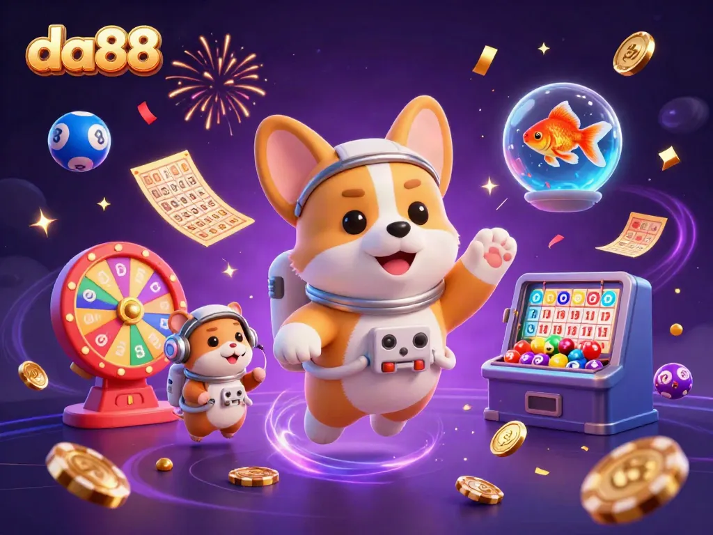 Join the da88 adventure in a vibrant casino scene with floating characters and festive elements.