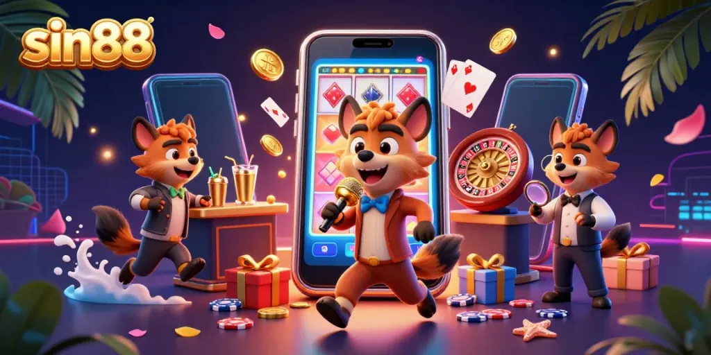 Engage with sin88 at this vibrant comedy casino scene featuring animated hyenas, dynamic games, and colorful visuals.
