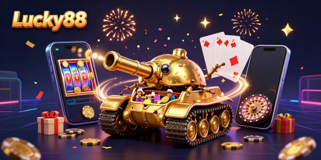 Experience the excitement of Lucky88 casino with a dynamic illustration of a golden beetle tank revealing a miniature casino.