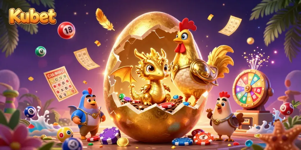 Kubet offers thrilling gaming experiences with a golden dragon emerging from a poker chip nest amidst lottery elements.