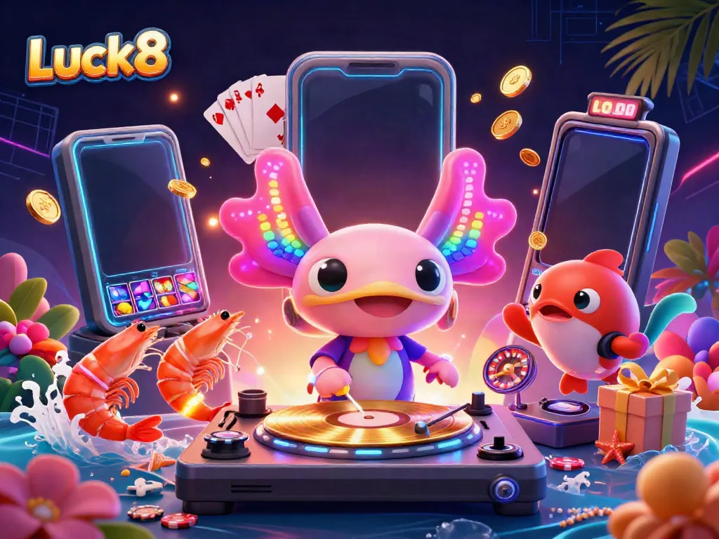 Engaging illustration showcasing Luck8's vibrant casino experience with a DJ axolotl and underwater gaming elements.