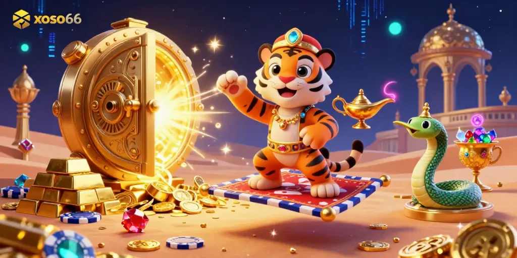 Experience the excitement of xoso66 casino gaming with a vibrant 3D illustration featuring a sultan, magic snake, and treasure.