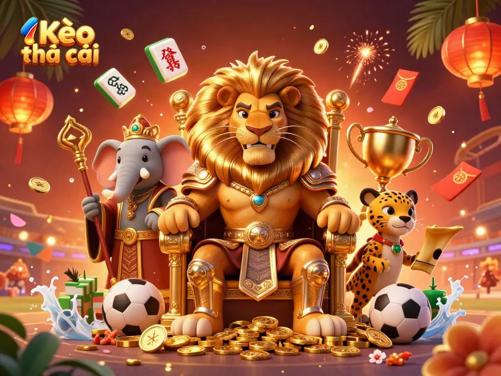 Kèo nhà cái sports betting scene with a fierce lion king, wise elephant, and cheetah messenger surrounded by vibrant casino elements.