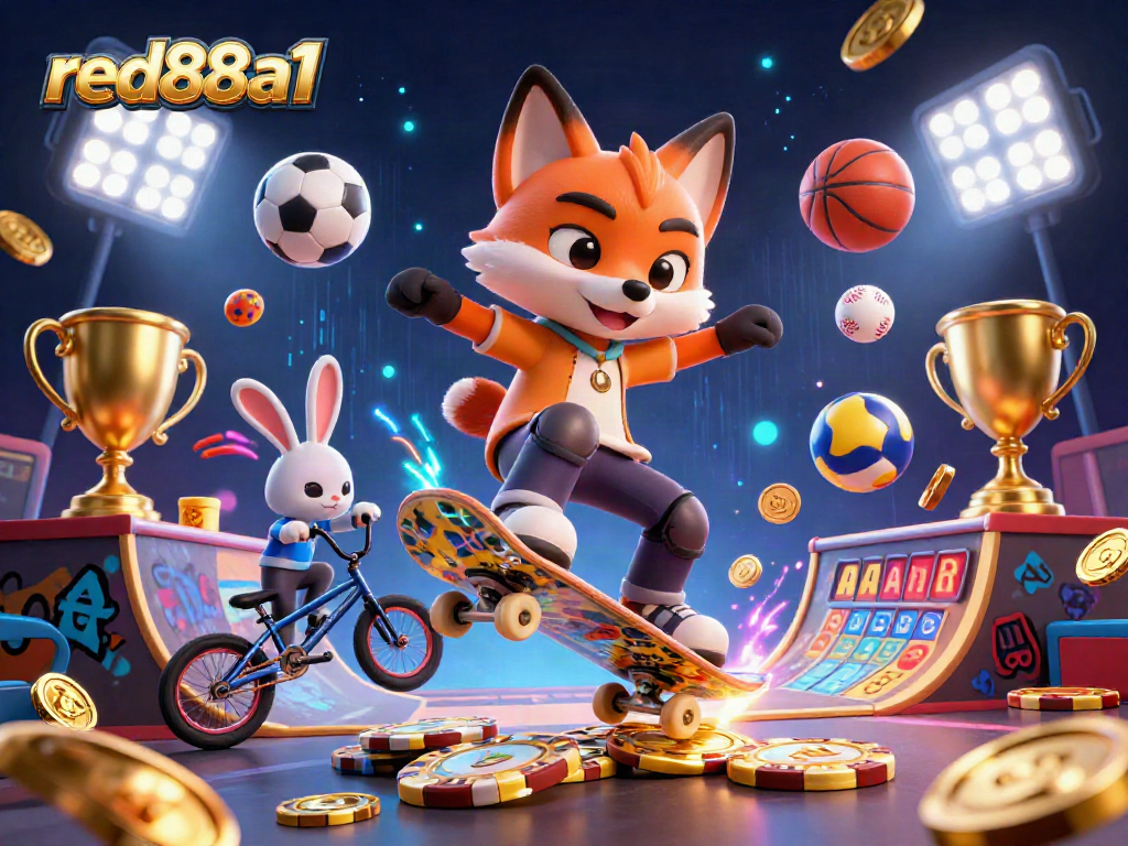 Engage with red88a1 in this dynamic casino scene featuring a skateboarder fox and BMX rabbit.