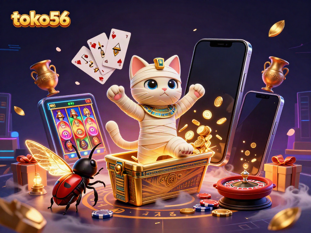 Experience excitement at toko56 with a mummy cat in a vibrant casino, featuring glowing elements and dynamic gaming visuals.