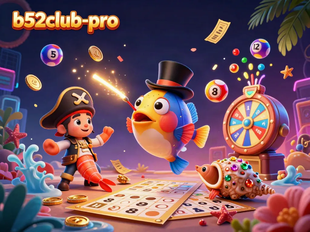 Engage with b52club-pro as anglerfish, shrimp, and snail amid vibrant casino elements.