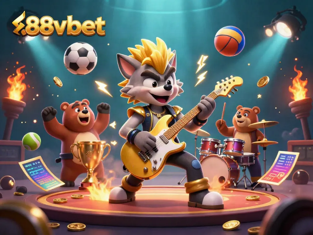 Experience thrilling moments with the dynamic scene of 88vbet featuring a rock star wolf and drummer bear.