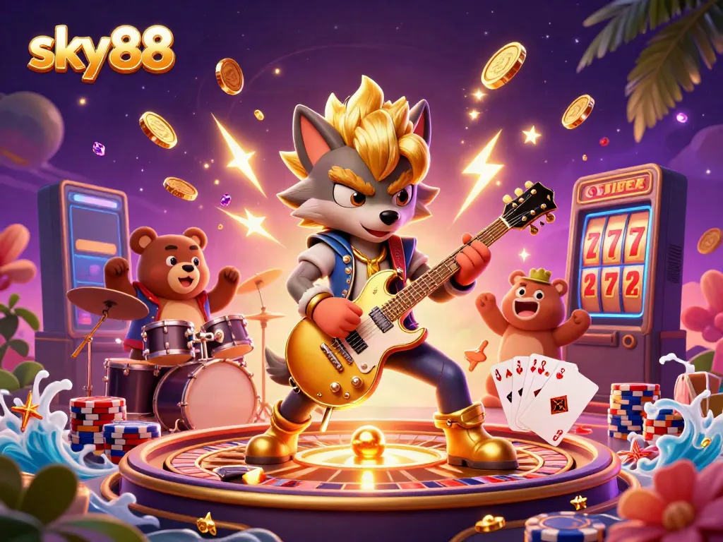 Experience thrilling gameplay at sky88 with an electrifying rock star wolf and drummer bear on stage.