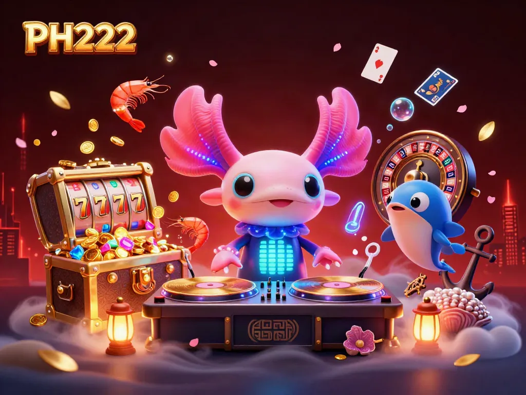PH222 offers vibrant underwater casino fun with a DJ axolotl spinning at a lively gaming party.