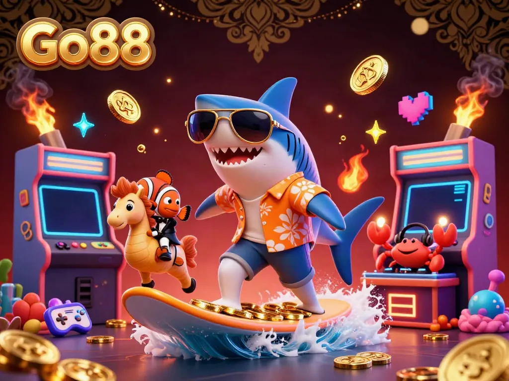 Join the gaming excitement with Go88 as a shark rides coins alongside a clownfish and crab DJ.