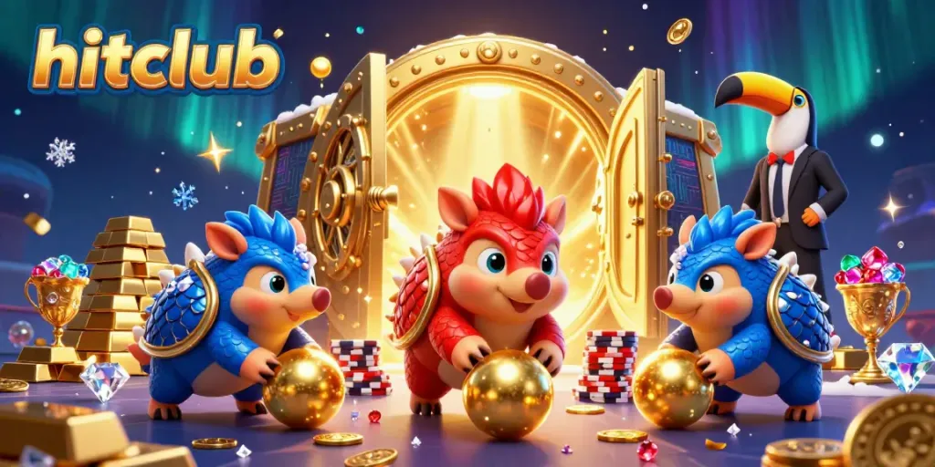 hitclub pangolins rolling golden balls and bowling through poker chips in a colorful 3D casino scene