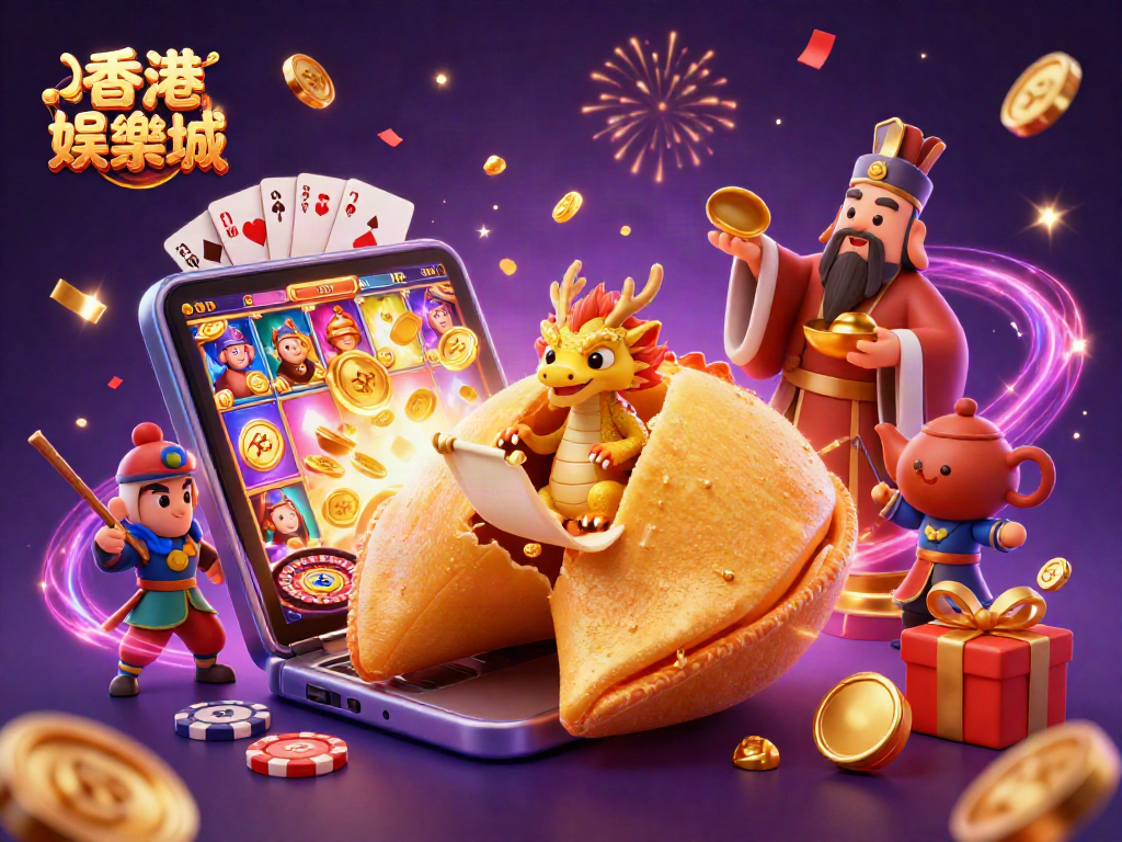 Engage with 香港娛樂城 through an illustrated scene of fortune and gaming excitement with dynamic elements.