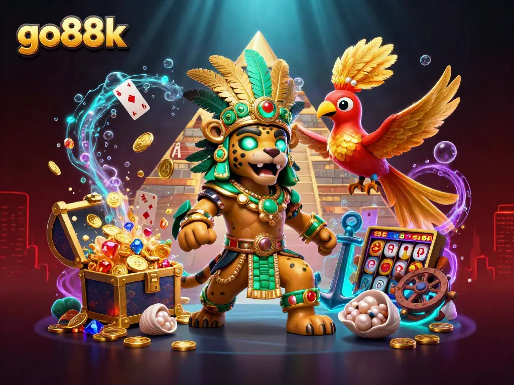 Engage with go88k's thrilling online games in a vibrant 3D casino scene featuring animated characters and rich details.