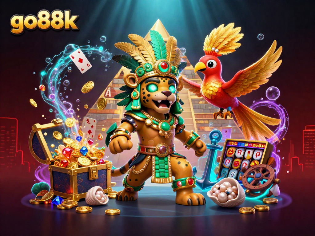 Engage with go88k's thrilling online games in a vibrant 3D casino scene featuring animated characters and rich details.