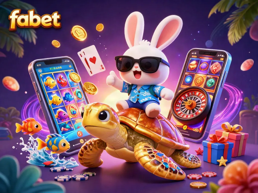 Experience fabet's thrilling mobile gaming with a lucky rabbit and golden turtle in a vibrant casino scene.