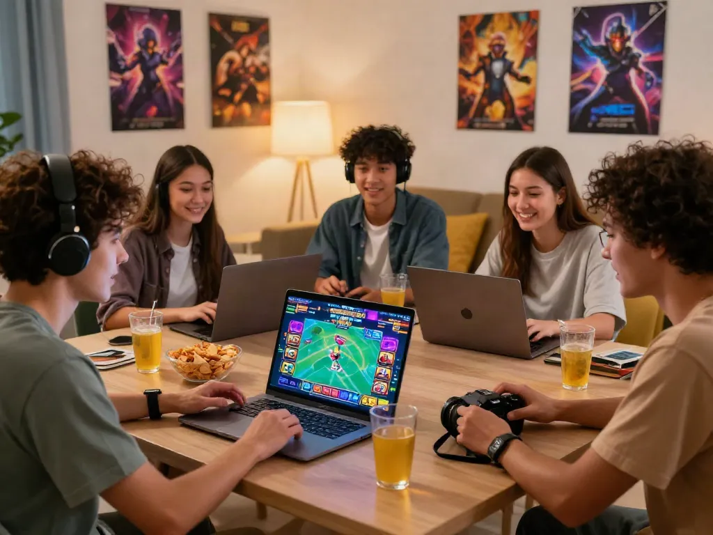 Exciting slot88 gaming session with friends around a laptop.