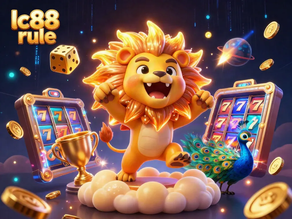 Engage with vibrant game's atmosphere in the lc88 rule slot illustration, featuring roaring lion and dynamic game elements.