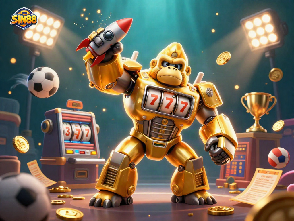 SIN88 gaming illustration showcasing a dynamic transformer gorilla slot machine with sports elements and vibrant effects