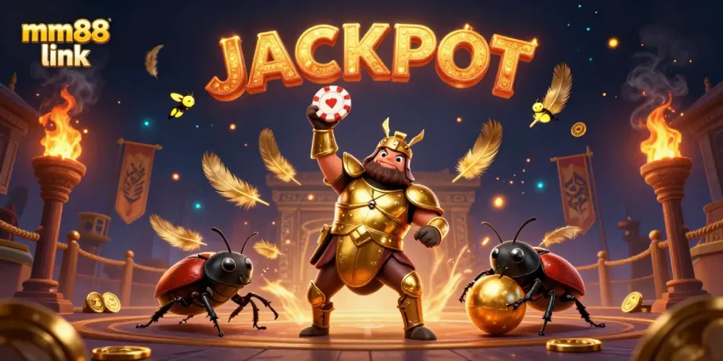 Engage with mm88 link as a herculean beetle raises a poker chip in triumph amidst a vibrant casino scene.
